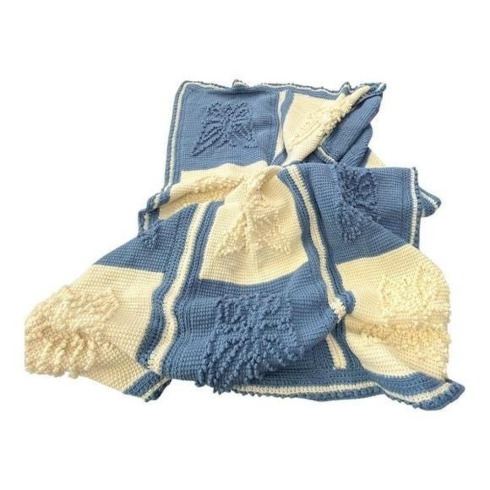 Handmade Crochet Butterfly Afghan Throw Blanket 54x68 Blue Cream Cottagecore